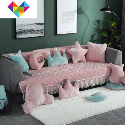 全盖沙发垫防滑坐垫毛绒罩代简约家用客厅全包四季通用靠背巾方格花边-粉红色90+（15花边）*90cm御蓝锦