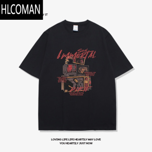 HLCOMAN美式复古画报短袖2024新款男黑色夏季宽松大码男士半袖t恤