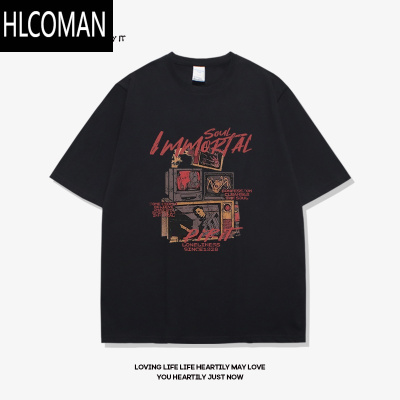 HLCOMAN美式复古画报短袖2024新款男黑色夏季宽松大码男士半袖t恤