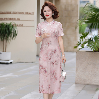 新中式妈妈装旗袍款女装大码修身款中老年女装短袖长裙子连衣裙夏