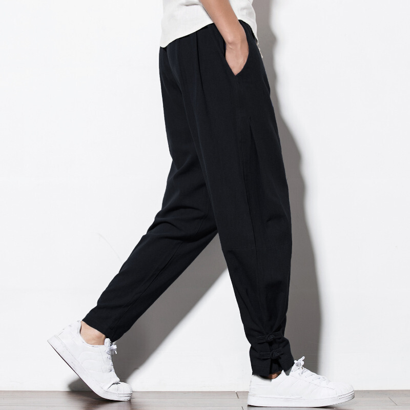 UYUK加绒盘扣中国风休闲裤男装棉麻宽松大码加厚哈伦小脚裤男