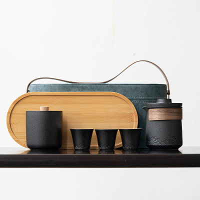 苏氏陶瓷(SUSHI CERAMICS)山水旅行茶具便捷功夫茶具套装 陶瓷快客杯带高档便携旅行包(黑)