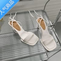 SUNTEK显腿长~露趾罗马凉鞋女方头一字带粗跟仙女风绑带性感白色高跟鞋