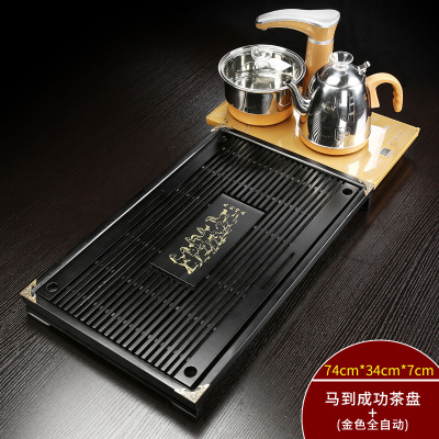 家用乌金石材茶盘天然大小号石头茶盘时光旧巷整块茶海简约茶台电热磁炉B金色全自动马盘