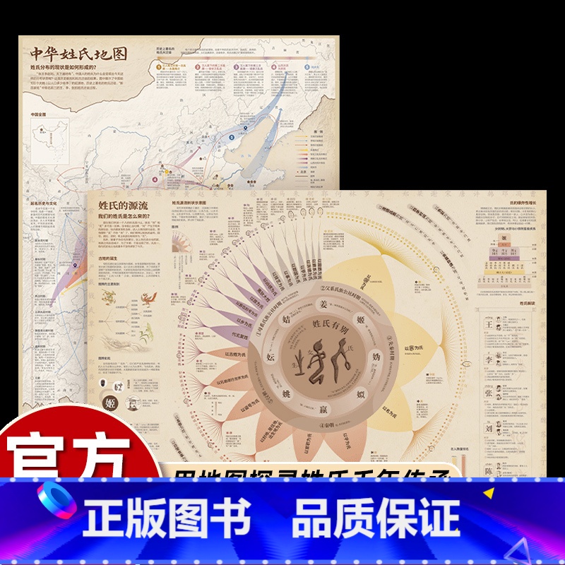 [2张]中华姓氏地图 [正版]共2张中华姓氏地图 86*60cm大尺寸百家姓中华姓氏来源科普地图墙贴 小学大语文一二年级