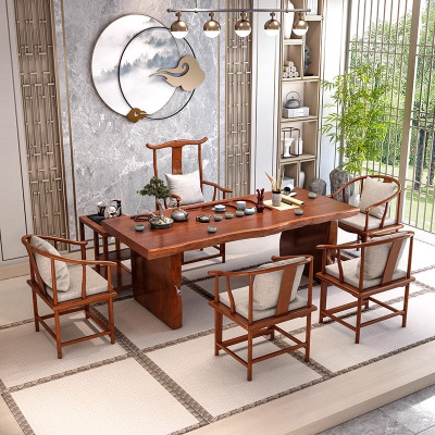 质凡新中式禅意茶桌轻奢功夫茶几实木大板桌原木办公室泡茶台桌椅 160*70*75cm桌+五椅