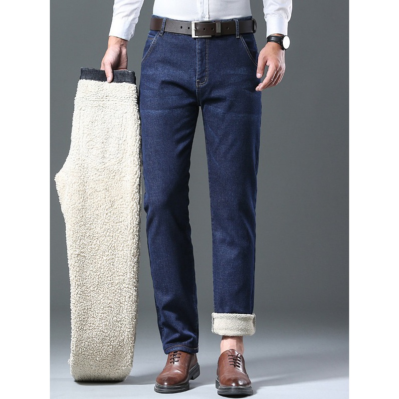 常规加绒羊羔绒加绒不扎身舒适裤男式商务弹力修身直筒牛仔裤男款