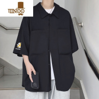 YANXU刺绣花半短袖衬衫上衣男加肥加大码潮胖子宽松夏季装外套薄款港风