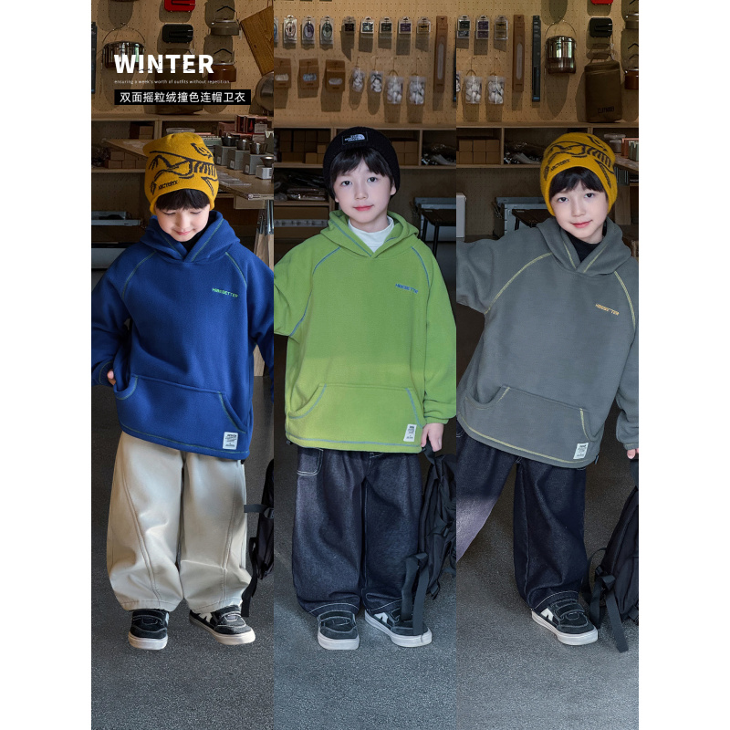 童酷男童冬款字母刺绣宝宝上衣双面摇粒绒贴标明线儿童卫衣潮