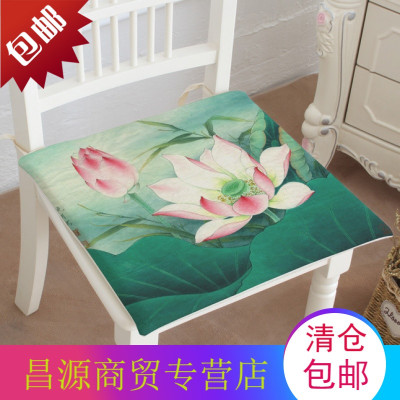 新中式工笔画荷花椅垫棉麻坐垫椅子板凳垫防滑椅子垫餐椅垫办公室