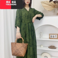 YIBUSHENG棉绸中袖女日收腰薄款碎花V领大摆人造棉度假沙滩长裙子