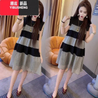 YIBUSHENG欧货拼色条纹砍袖连衣裙女2024新款韩版减龄宽松小个子娃娃裙潮