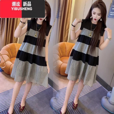 YIBUSHENG欧货拼色条纹砍袖连衣裙女2024新款韩版减龄宽松小个子娃娃裙潮
