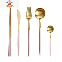 欧式网红刀叉勺套装葡萄牙304不锈钢北欧可爱西餐牛排盘勺子餐具 敬平 粉金5件套