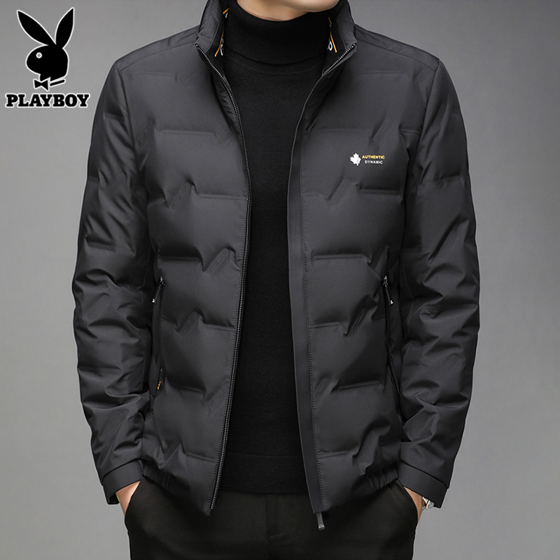 花花公子黑色羽绒服男士冬季外套2024新款潮牌休闲轻薄立领上衣男