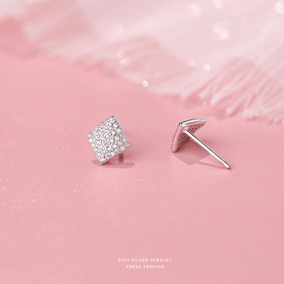 爆闪微镶满钻菱形耳钉女s925纯银时尚百搭轻奢几何耳饰韩版简约送女朋友老婆情人节七夕生日礼物