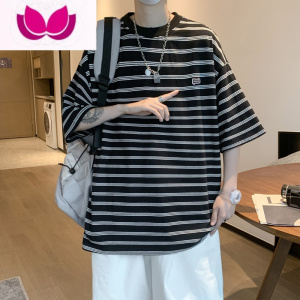 七斓夏季条纹t恤男短袖圆领ins休闲学生韩版潮流百搭港风宽松半袖