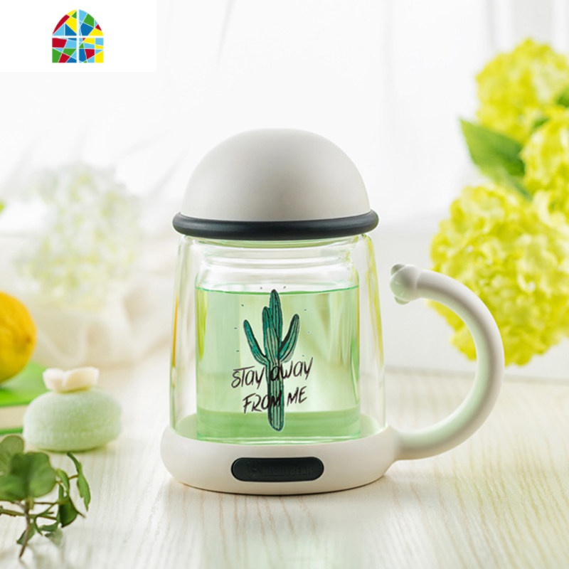 双层玻璃杯水杯女办公室带把可爱创意透明网红花茶杯子家用 FENGHOU