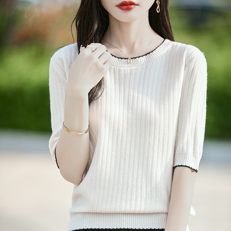 春夏新款女针织衫圆领套头气质短袖薄款打底上衣外套女装