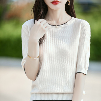春夏新款女针织衫圆领套头气质短袖薄款打底上衣外套女装