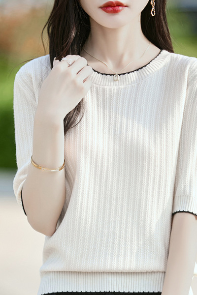 春夏新款女针织衫圆领套头气质短袖薄款打底上衣外套女装