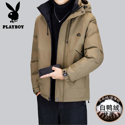 花花公子新款高品质冬季新款户外防寒服三防连帽加绒加厚羽绒服男装夹克外套