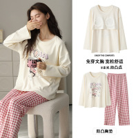 睡衣女士带胸垫一体长袖秋冬季纯棉可爱卡通学生两件套全棉家居服