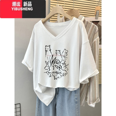YIBUSHENG300斤大码胖mm短袖t恤女季2024新款宽松半袖体恤V领上衣潮