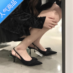 SUNTEK2023年新款细跟时装凉鞋夏季女鞋黑色蝴蝶结饰优雅高跟鞋女