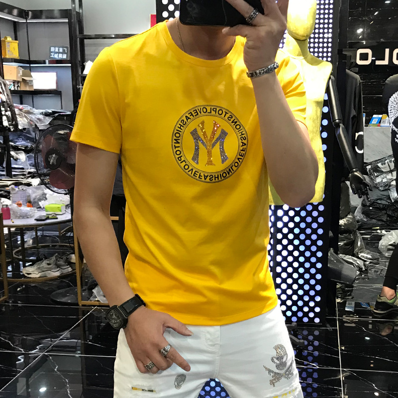 款夏季网红个性潮流欧洲站重工艺字母烫钻修身圆领短袖T恤男