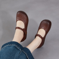 头层牛皮复古编织平底鞋女2026春夏季新款浅口软底舒适玛丽珍单鞋