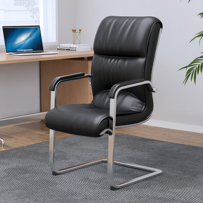 域赢办公椅电脑椅会议家用弓形皮质职员老板班前椅-加厚钢架款黑色