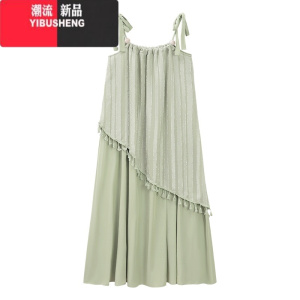 YIBUSHENG海边度假风吊带连衣裙女季小清新绿色流苏拼接假两件气质长裙子