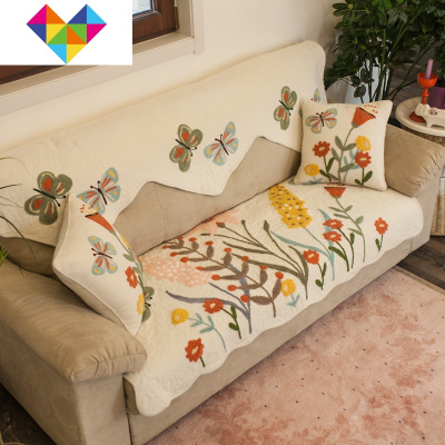 四季通用防滑沙发垫鲁绣田园刺绣沙发巾美式乡村布艺沙发罩沙发套踏蝶-米白色65x48cm扶手巾御蓝锦