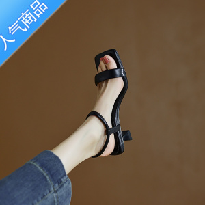 SUNTEK一字带凉鞋女2023夏季新款百搭黑色软皮露趾欧美高跟鞋子女细跟