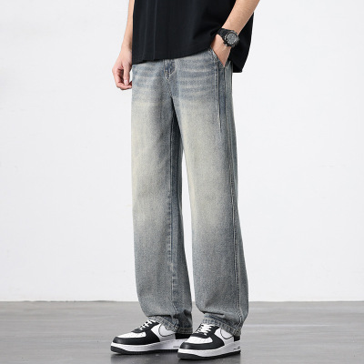 中线压线泥染牛仔裤 男士浅灰阔腿裤 高街潮牌垂感直筒长裤