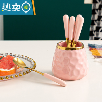 敬平水果叉子家用高端收纳罐蛋糕叉儿童果叉甜品小叉子不锈钢 [可爱粉带金边]★带6勺牙签