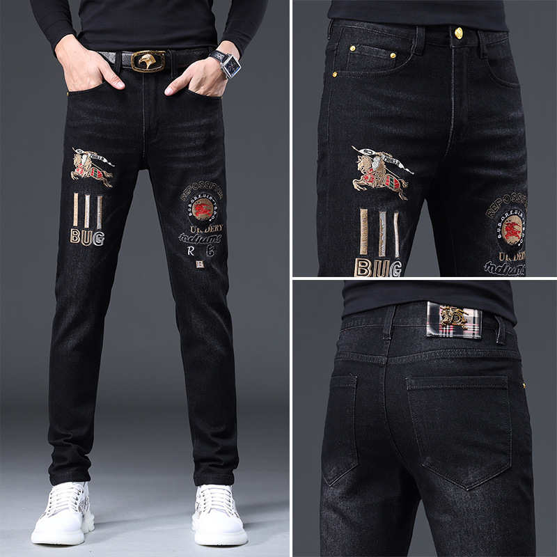 轻奢欧货黑色刺绣牛仔裤男秋季新款潮牌修身小脚休闲长裤子男