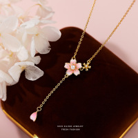 s925纯银仿珠气质桃花花瓣项链女日系甜美樱花文艺可爱甜美锁骨链
