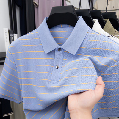 夏季新款男士条纹商务休闲轻薄舒适透气新疆棉翻领短袖Polo衫
