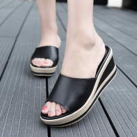 SEMBOSR拖鞋女2018春夏新款松糕鱼嘴凉鞋女真皮坡跟防水台高跟一字扣外穿