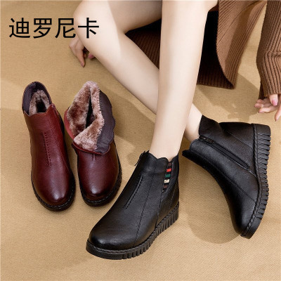 迪罗尼卡妈妈棉鞋女冬季加绒保暖中老年短靴平底中年皮鞋软底防滑老人女鞋
