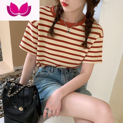 七斓条纹短袖t恤女夏季2023年新款设计感小众圆领宽松显瘦华夫格上衣