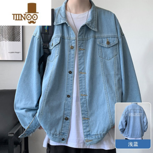 YANXU牛仔外套男港风复古宽松翻领上衣服青少年潮牌痞帅休闲夹克