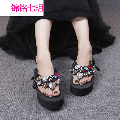 2017夏季新 奢华彩色水晶装饰拖鞋 蝴蝶结璀璨宝石松糕厚底坡跟鞋