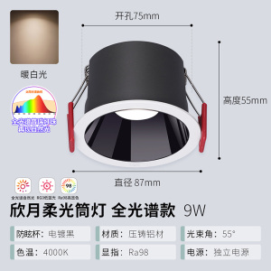 雷士照明led筒灯射灯嵌入式天花过道洗墙灯家用客厅卧室吊顶孔灯黑光深防眩筒灯无主灯