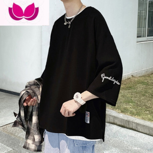 七斓美式vibe开叉七分袖男t恤小众高街刺绣短袖炸街加大码加肥上衣服