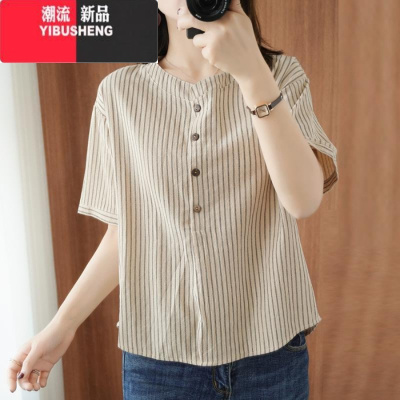 YIBUSHENG季新款女中年妈妈竖纹棉麻短袖大码女装显瘦洋气贵气减龄T恤衣