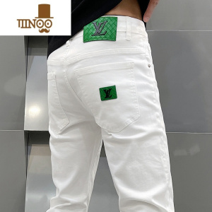 YANXU新款高端白色修身弹力小直筒牛仔裤男装潮流休闲百搭长裤子薄