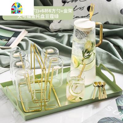 封后凉水壶玻璃可高温大容量 冷水壶套装北欧创意 家用水杯凉白开水壶 金把水壶(送吧勺)+6杯6方勺+金架+大号描金托盘豆